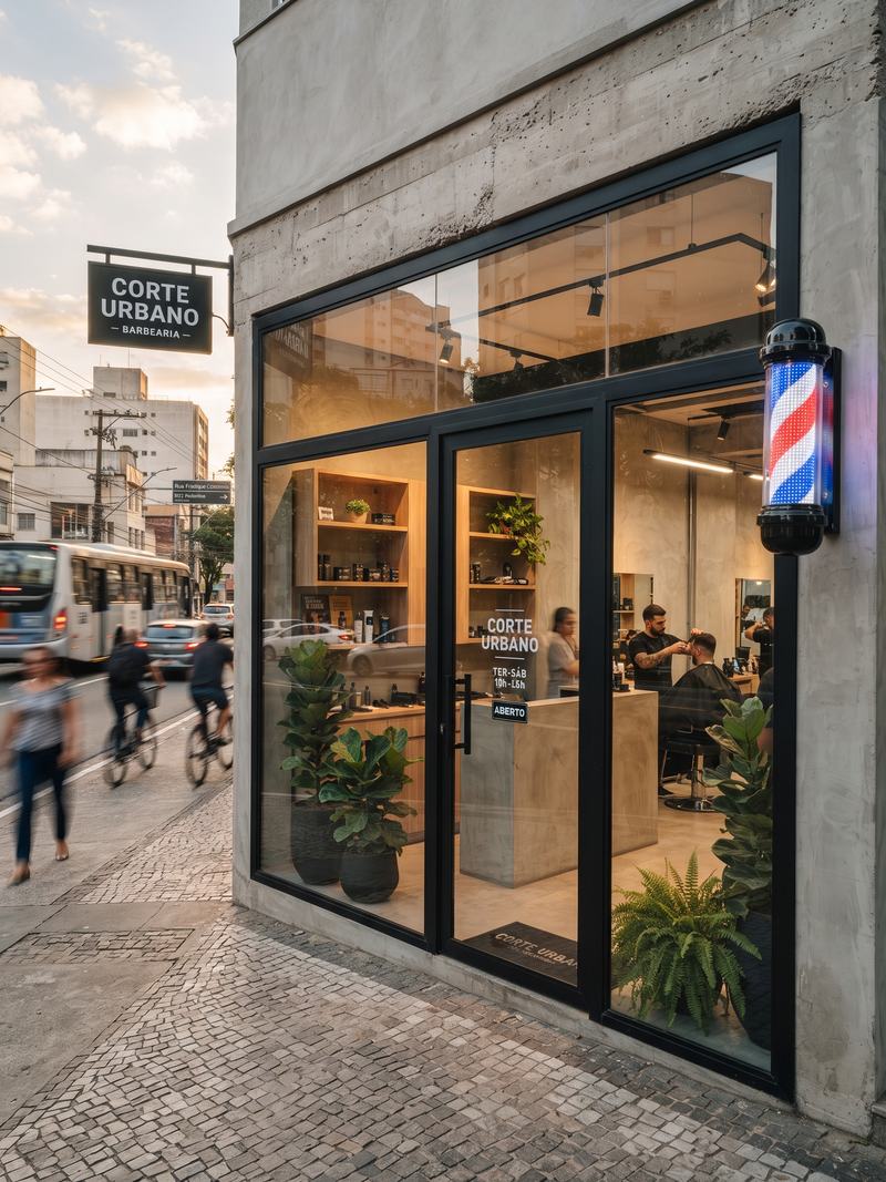 Fachada da barbearia no fim da tarde, com o poste na entrada