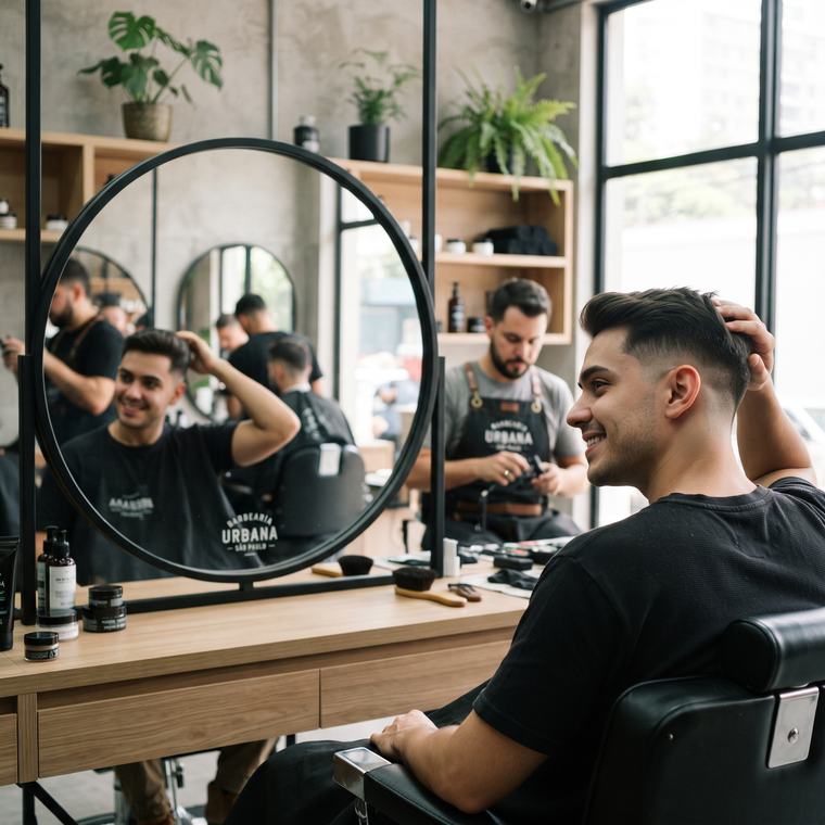 Cliente conferindo o corte pronto no espelho